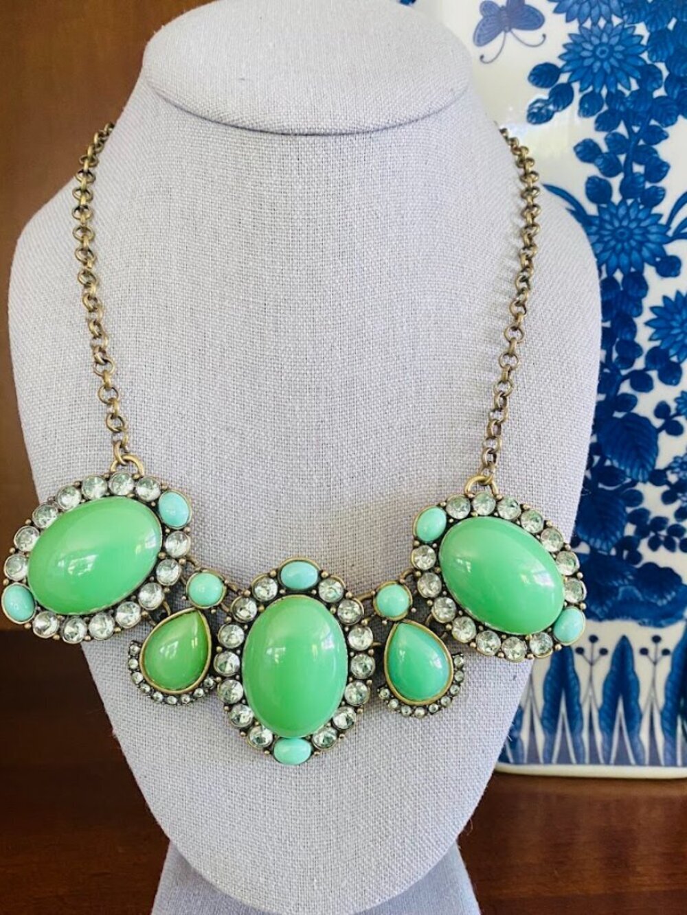 J. Crew Statement Necklace Mint Green Rhinestone Bib Necklace 17”